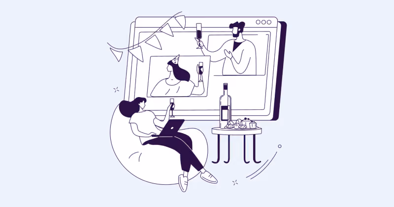 Ilustração de mulher brindando com taça diante de monitor com videochamada de colegas, ao lado de mesa com garrafa e petiscos