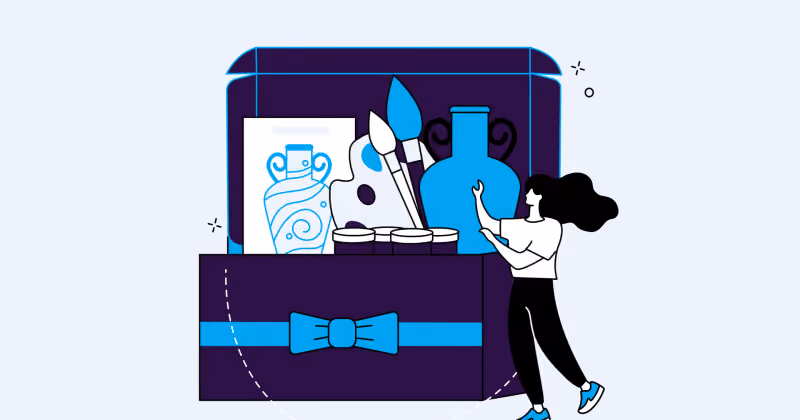 Ilustração de mulher colocando um vaso azul dentro de uma caixa de presente gigante com laço, cheia de quadro, pincel e tênis