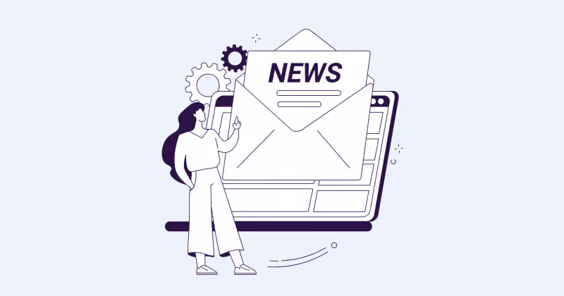 Ilustração de pessoa diante de um envelope aberto com a palavra “NEWS” e um jornal, ao lado de engrenagens