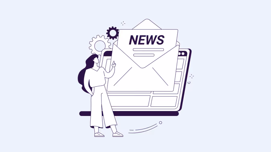 Ilustração de pessoa diante de um envelope aberto com a palavra “NEWS” e um jornal, ao lado de engrenagens