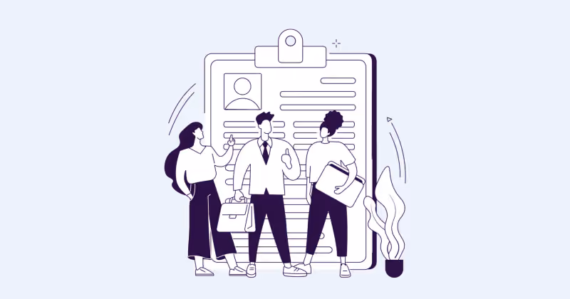 Ilustração de três pessoas conversando diante de uma prancheta gigante com foto de perfil e linhas de formulário preenchidas