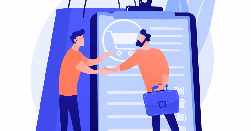 Ilustração de dois homens se cumprimentando diante de prancheta gigante com ícone de carrinho de compras e sacola ao fundo