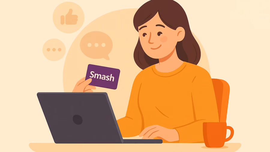 Ilustração de mulher ao notebook segurando um gift card roxo com a marca Smash, ao lado de ícones de curtida e comentário