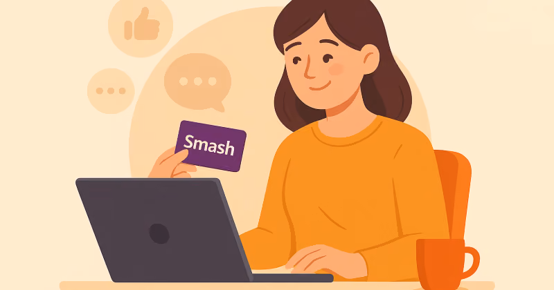 Ilustração de mulher ao notebook segurando um gift card roxo com a marca Smash, ao lado de ícones de curtida e comentário