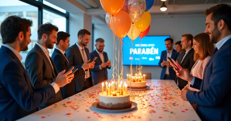 Foto de profissionais de terno ao redor de mesa com bolo de velas acesas, balões coloridos e telão com a palavra parabéns