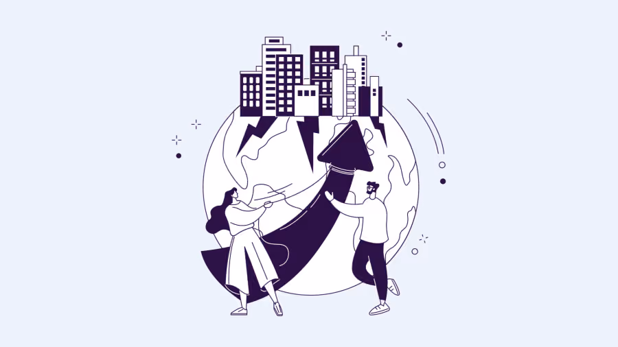 Ilustração roxa de duas pessoas empurrando uma seta grande para cima diante de um globo com prédios de cidade no topo