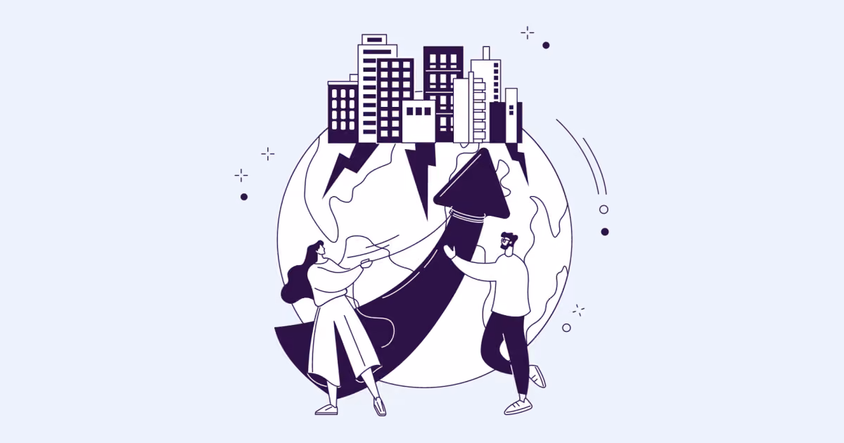 Ilustração roxa de duas pessoas empurrando uma seta grande para cima diante de um globo com prédios de cidade no topo
