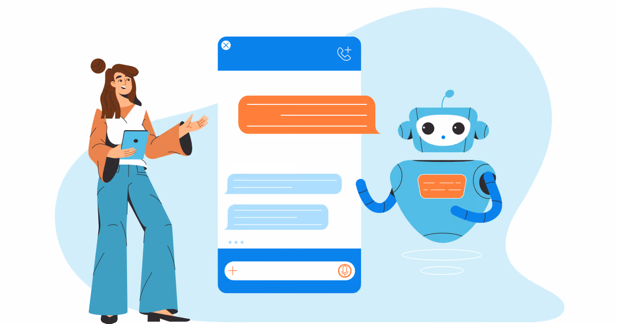 Ilustração de mulher com tablet ao lado de uma tela de chat com balões de mensagem e um robô azul de atendimento sorrindo