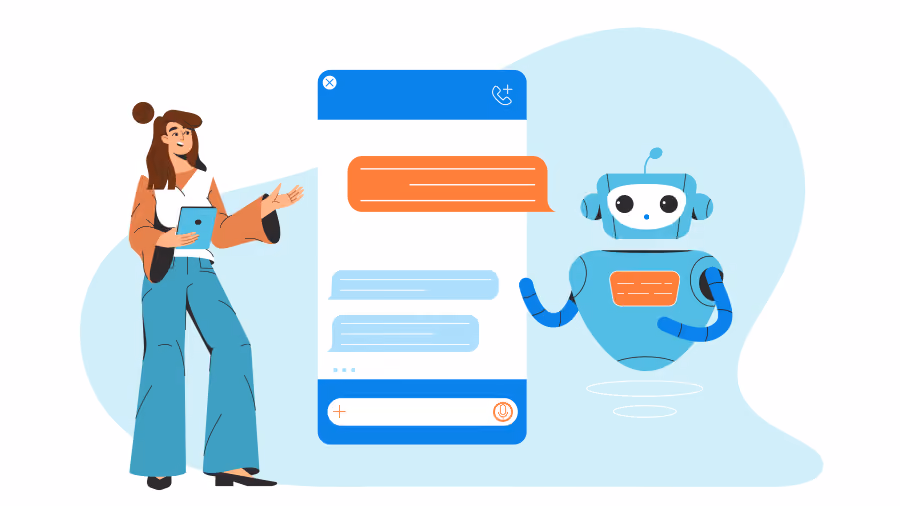 Ilustração de mulher com tablet ao lado de uma tela de chat com balões de mensagem e um robô azul de atendimento sorrindo