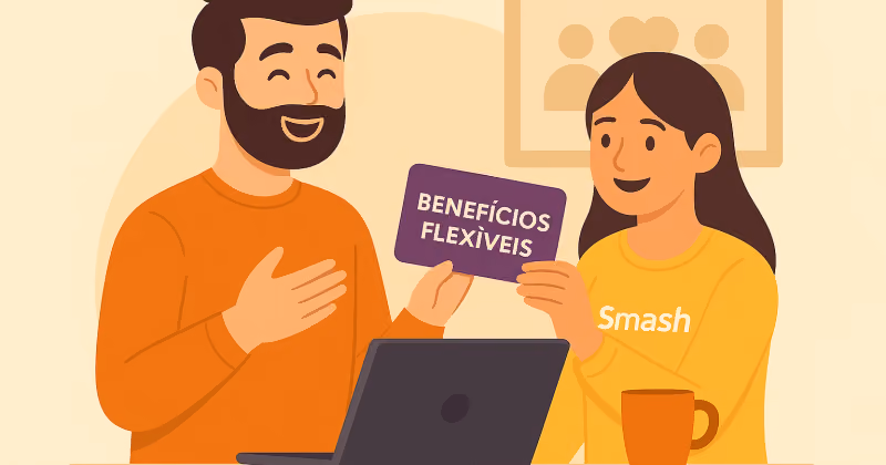 Ilustração de homem barbudo e mulher de camiseta Smash segurando um cartão roxo escrito benefícios flexíveis sobre a mesa