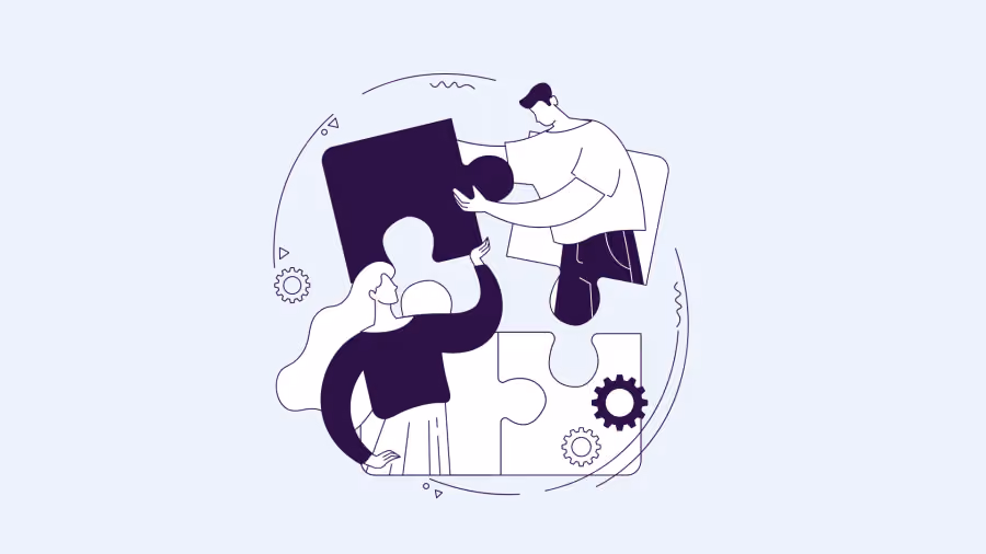 Ilustração roxa de duas pessoas encaixando duas peças grandes de quebra-cabeça, com ícones de engrenagem ao redor