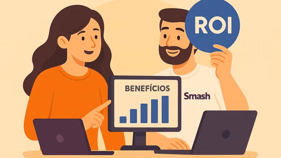 Ilustração de mulher apontando para monitor com gráfico de barras crescente e homem erguendo uma placa redonda com a sigla ROI