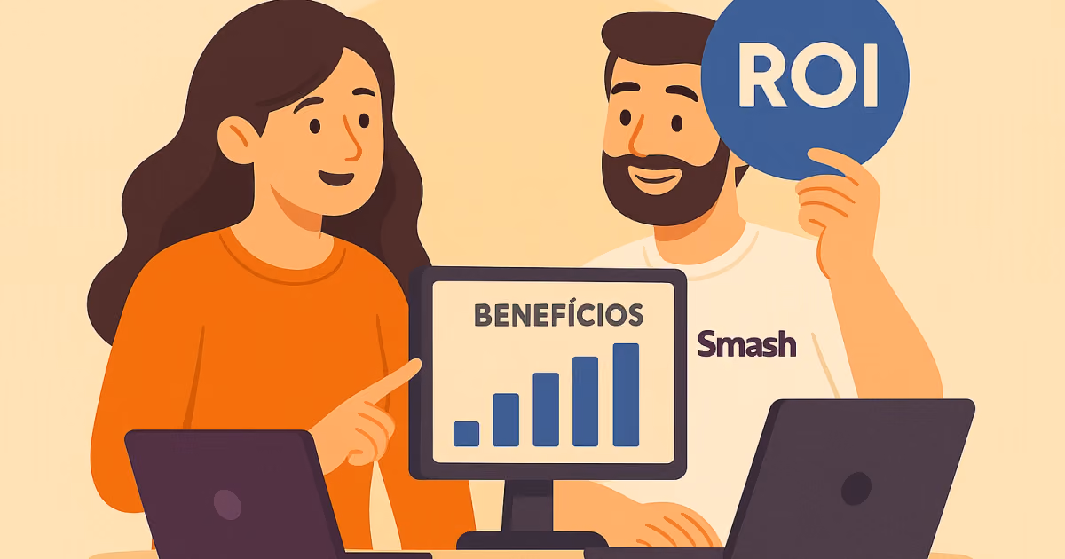 Ilustração de mulher apontando para monitor com gráfico de barras crescente e homem erguendo uma placa redonda com a sigla ROI