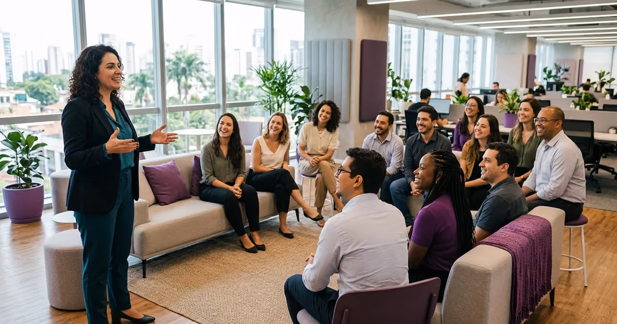 Líder falando com uma equipe grande reunida em semicírculo num escritório amplo