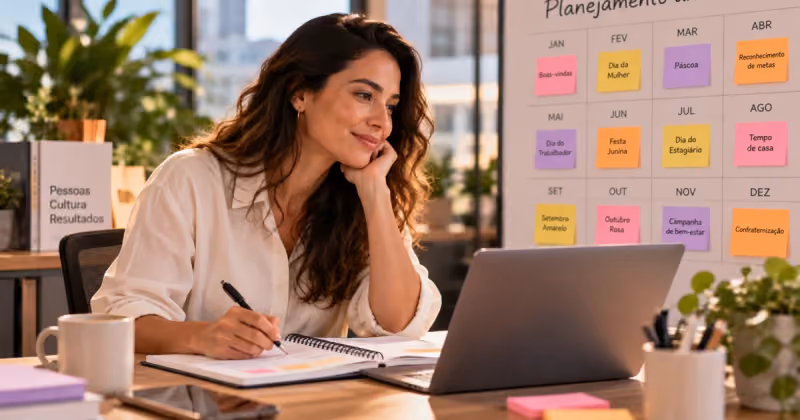 Mulher sorrindo com um caderno e um notebook em uma mesa de escritório, diante de um quadro de planejamento anual com os meses do ano e post-its coloridos