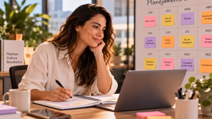 Mulher sorrindo com um caderno e um notebook em uma mesa de escritório, diante de um quadro de planejamento anual com os meses do ano e post-its coloridos