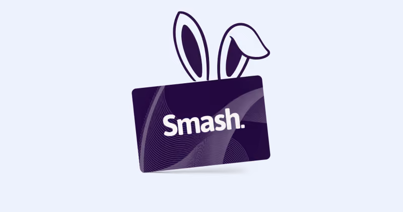 Ilustração de um cartão roxo com a marca Smash e um par de orelhas de coelho aparecendo atrás dele