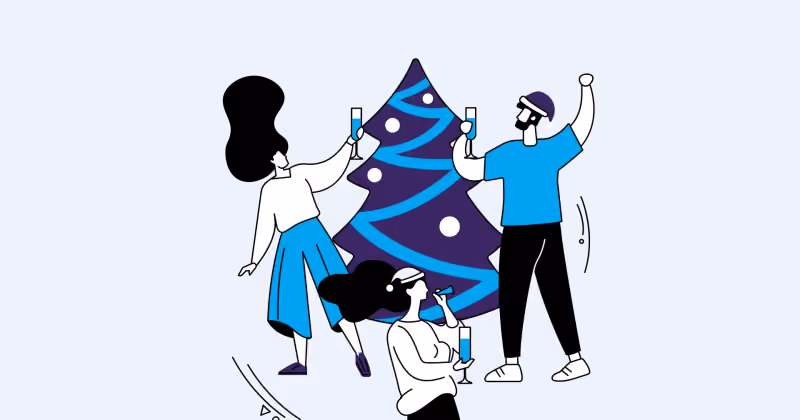 Ilustração de três pessoas brindando com taças de espumante diante de uma árvore de Natal roxa e azul