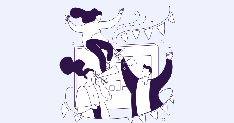 Ilustração em traço roxo de três pessoas em volta de um painel com gráficos, entre bandeirinhas de festa e confete
