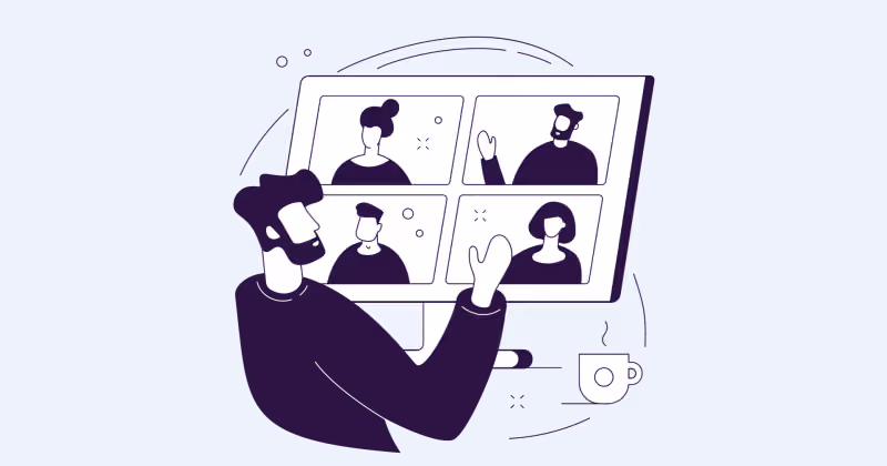 Ilustração em roxo de uma pessoa vista de costas diante de uma videochamada com quatro participantes na tela, ao lado de uma caneca