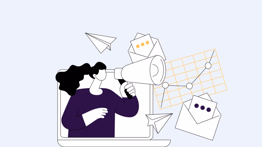 Ilustração de uma pessoa saindo da tela de um computador com um megafone, entre aviões de papel e envelopes