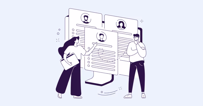 Ilustração em traço roxo de duas pessoas analisando fichas de candidatos em tamanho ampliado, com fotos de perfil no topo
