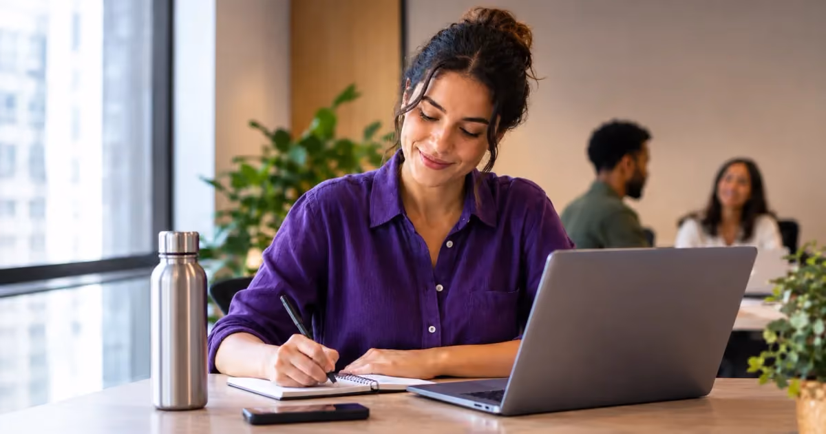 Mulher de camisa roxa escrevendo em um caderno ao lado de um notebook em uma mesa de escritório, com dois colegas ao fundo