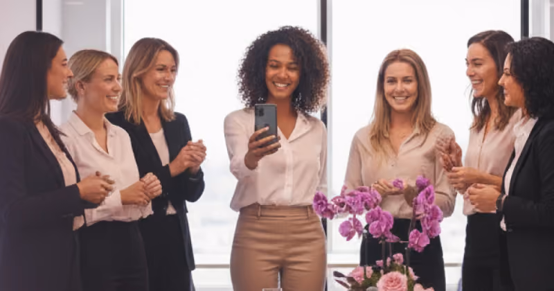 Foto de sete mulheres sorrindo e aplaudindo num escritório, uma delas com o celular na mão, e orquídeas em primeiro plano