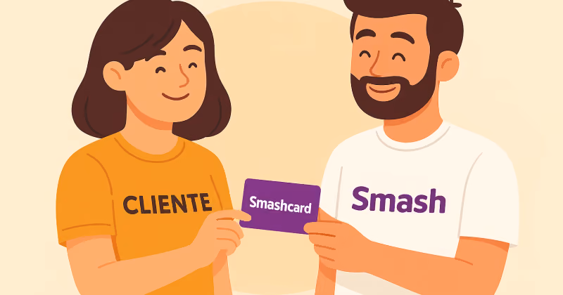 Ilustração de uma mulher de camiseta escrita Cliente e um homem de camiseta Smash segurando juntos um cartão Smashcard roxo