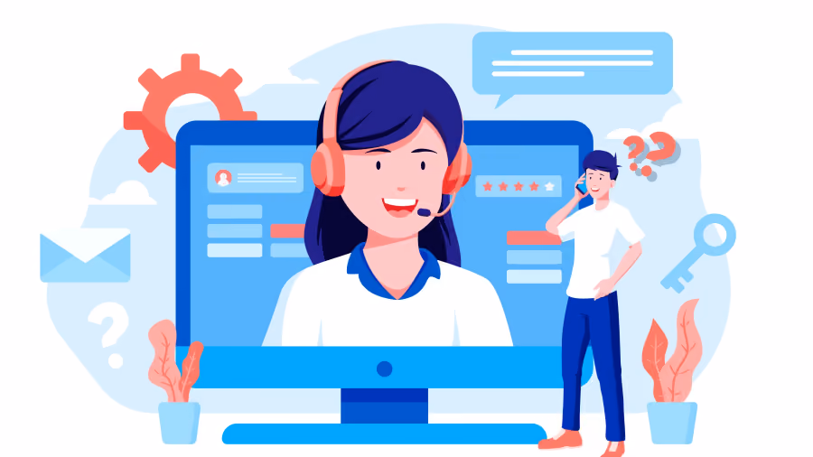 Ilustração de atendente de headset diante de monitor com conversa e avaliação em estrelas, ao lado de homem ao telefone e ícones de e-mail
