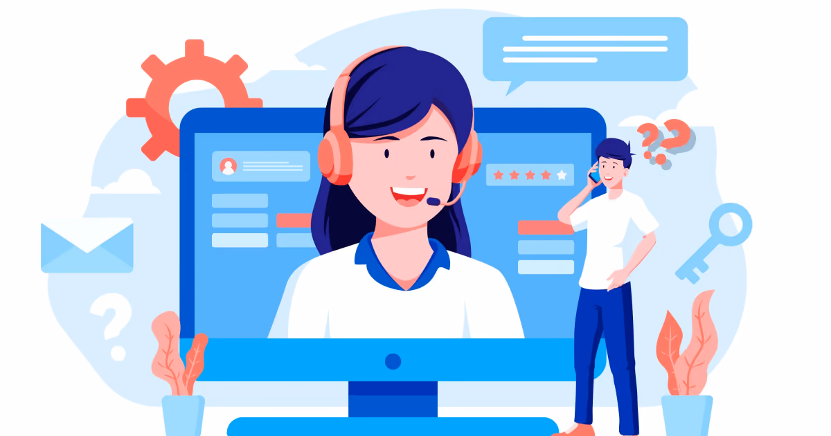 Ilustração de atendente de headset diante de monitor com conversa e avaliação em estrelas, ao lado de homem ao telefone e ícones de e-mail