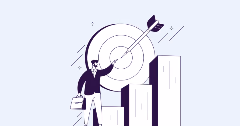 Ilustração de traço de executivo com maleta ao lado de um alvo com flecha no centro e das barras crescentes de um gráfico