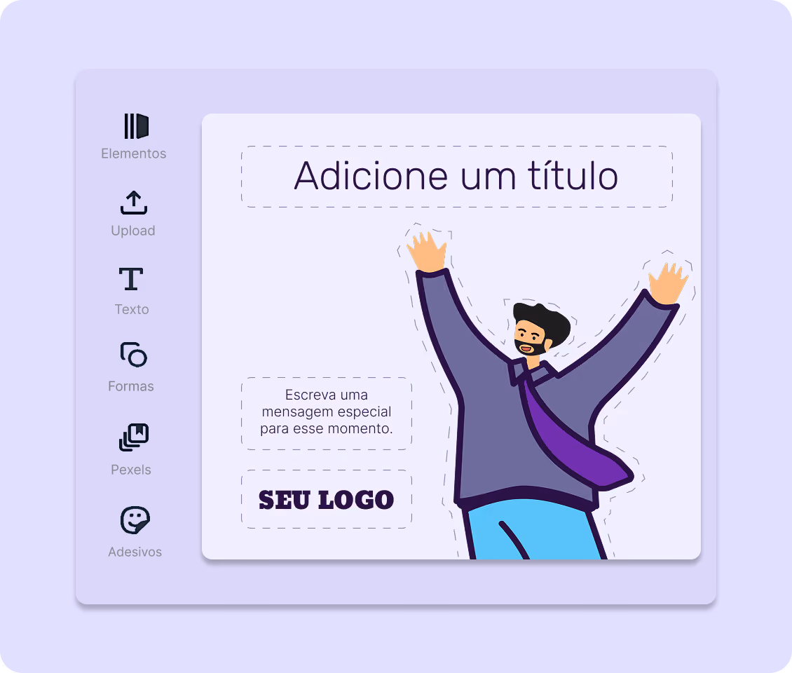 Editor da Smash com a barra de elementos, upload, texto, formas, Pexels e adesivos, e a arte em construção com os campos de título, mensagem e logo da empresa