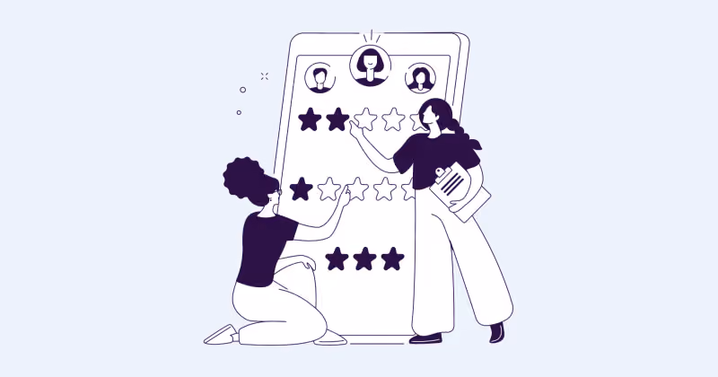 Ilustração de traço de duas pessoas avaliando com estrelas numa tela gigante de celular com fotos de perfil no topo