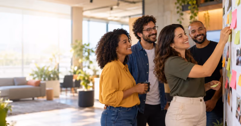 Quatro colegas sorrindo em um escritório claro, com uma delas colando um post-it amarelo em um painel coberto de recados e fotos