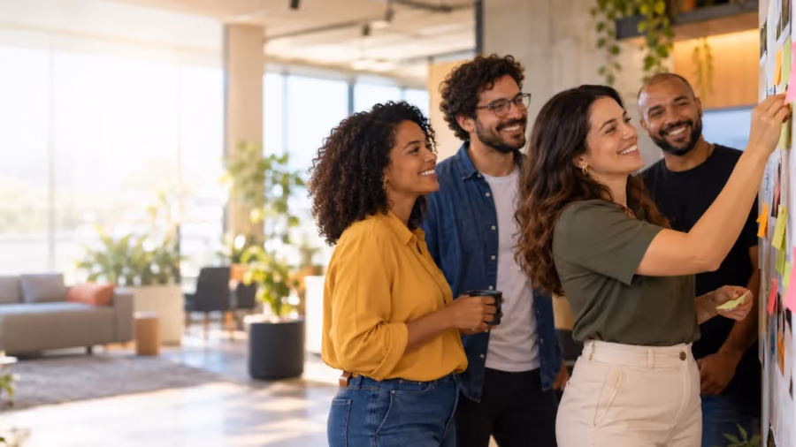 Quatro colegas sorrindo em um escritório claro, com uma delas colando um post-it amarelo em um painel coberto de recados e fotos