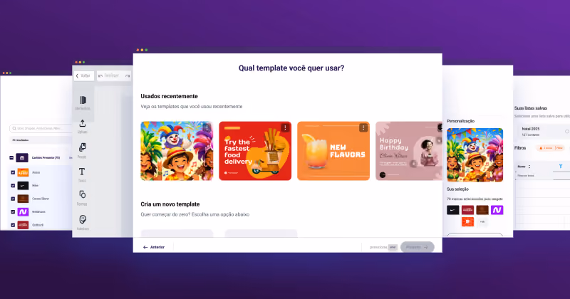 Captura de tela da plataforma Smash em fundo roxo, com o modal Qual template você quer usar e miniaturas de templates de campanha