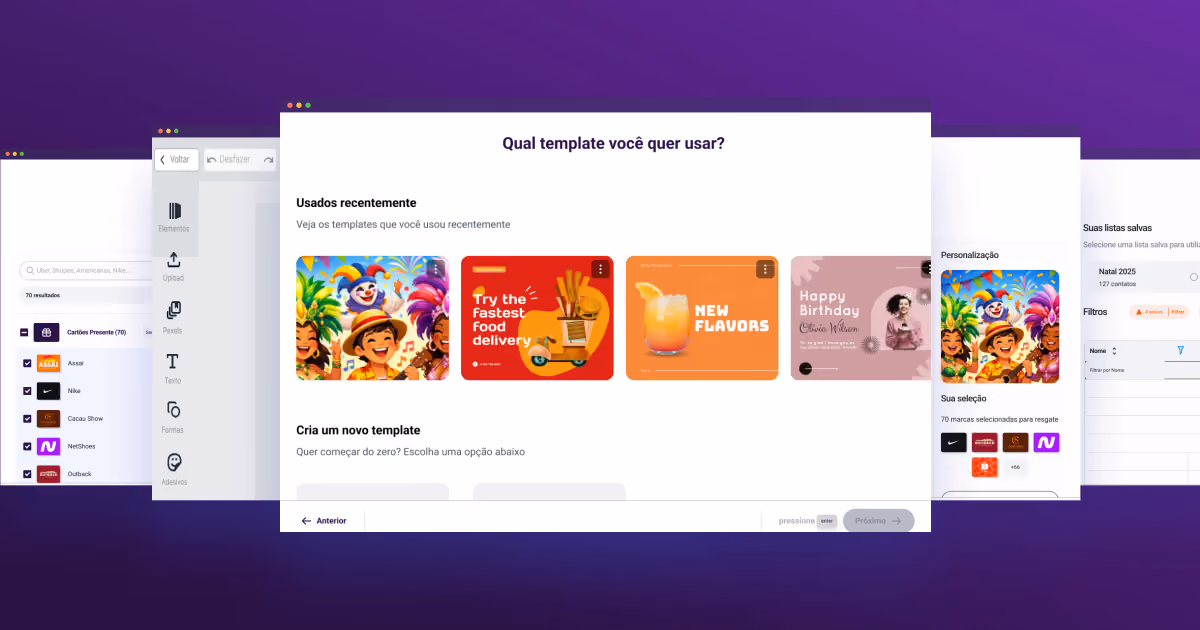 Captura de tela da plataforma Smash em fundo roxo, com o modal Qual template você quer usar e miniaturas de templates de campanha