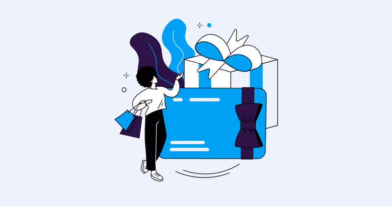 Ilustração de mulher com sacolas de compras diante de um gift card azul com laço e de uma caixa de presente embrulhada