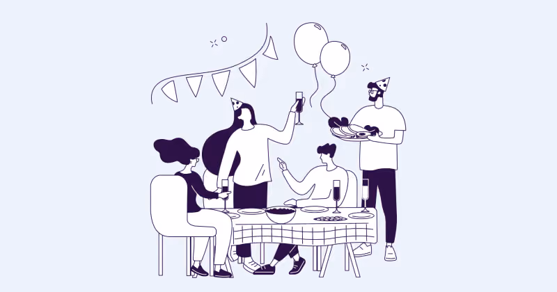 Ilustração de traço de cinco pessoas brindando em volta de mesa de confraternização, com bandeirinhas, balões e chapéus de festa