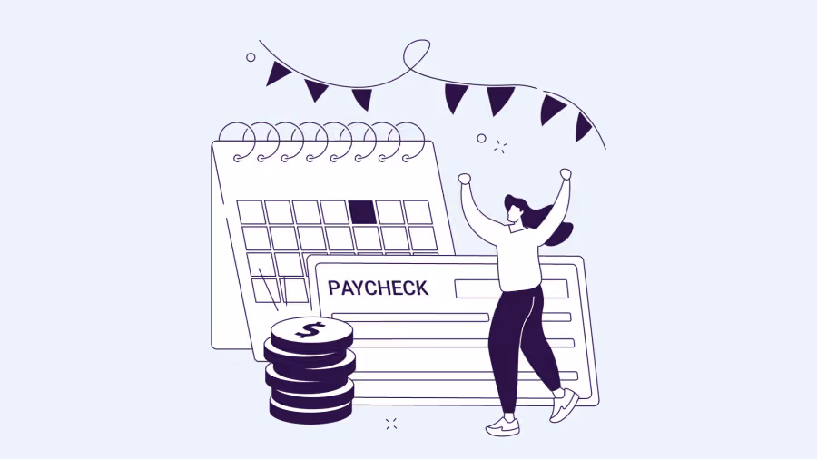 Ilustração de traço de pessoa celebrando ao lado de um cheque escrito paycheck, um calendário, moedas empilhadas e bandeirinhas