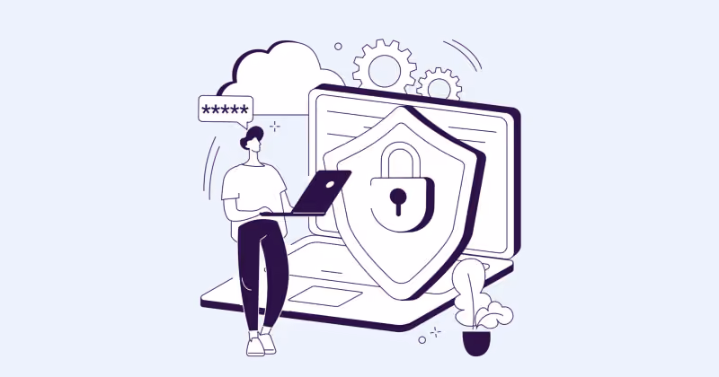 Ilustração de pessoa com notebook ao lado de tela grande exibindo escudo com cadeado, ícone de segurança e balão de avaliação com estrelas