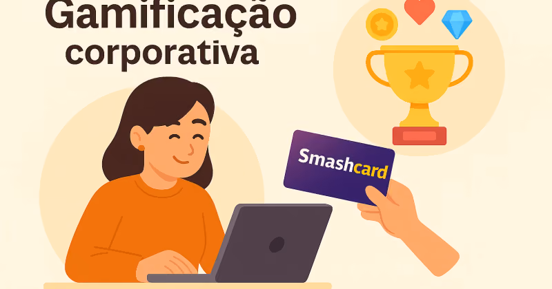 Ilustração de mulher digitando em notebook enquanto uma mão oferece um cartão Smashcard, ao lado de troféu dourado com ícones de estrela e coração