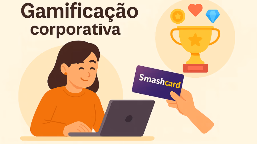 Ilustração de mulher digitando em notebook enquanto uma mão oferece um cartão Smashcard, ao lado de troféu dourado com ícones de estrela e coração