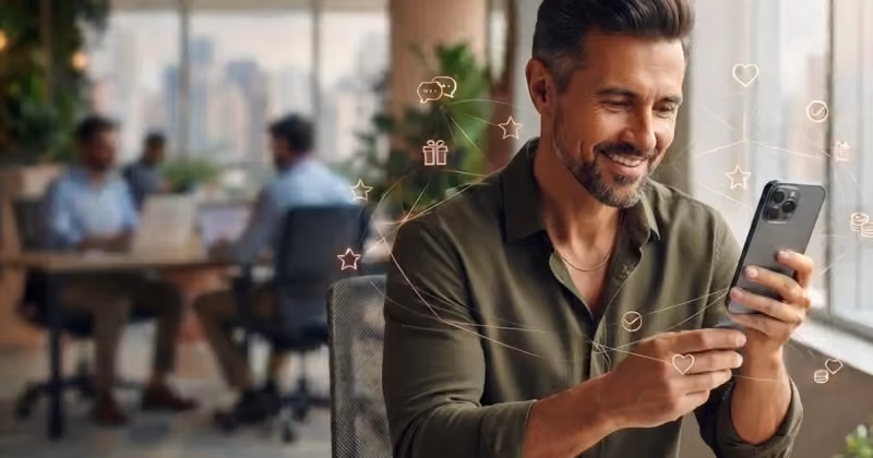 Foto de homem sorrindo enquanto olha o celular em um escritório, com ícones de presente, coração e estrela ao redor e colegas ao fundo