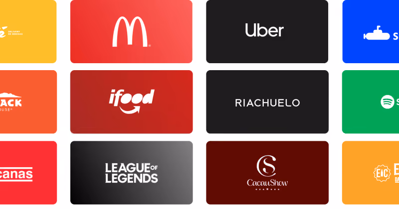 Mosaico de cartões-presente de marcas como McDonald's, Uber, iFood, Riachuelo, Spotify e Cacau Show sobre fundos coloridos