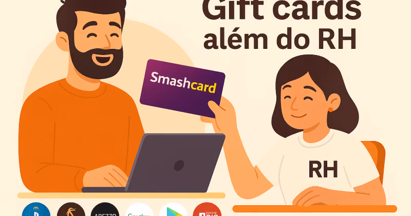 Ilustração de homem erguendo cartão Smashcard ao lado de colega com camiseta marcada RH, sobre fileira de logos de marcas parceiras