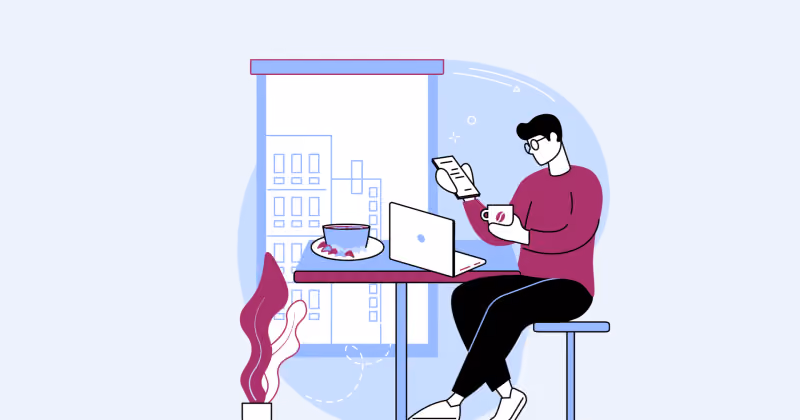 Ilustração de homem sentado à mesa com notebook, café e celular em casa, diante de janela com prédios ao fundo