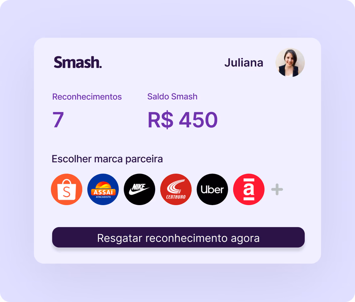 Cartão do presenteado com o saldo Smash disponível, o número de reconhecimentos e os logos das marcas parceiras para escolher