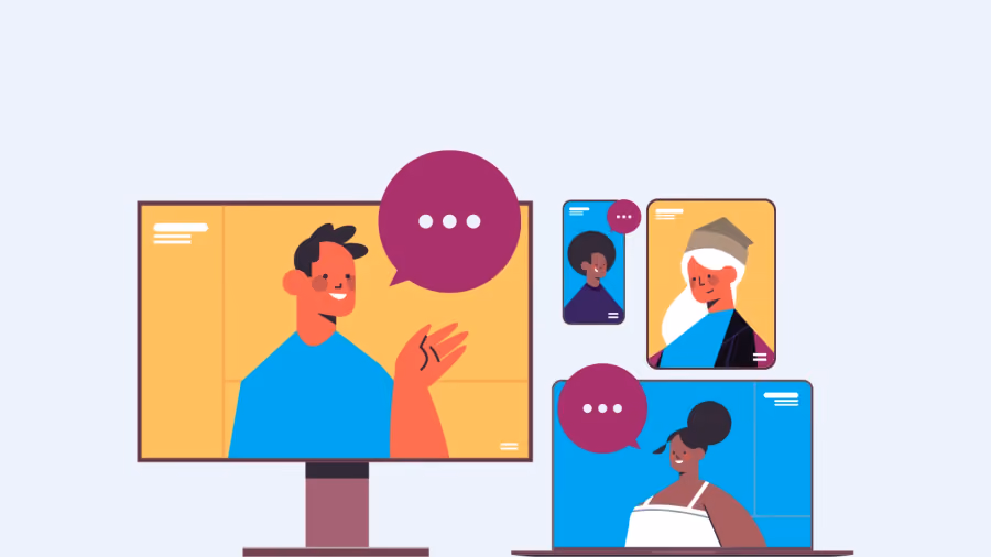Ilustração de videoconferência com monitor exibindo homem falando e telas menores com outros participantes e balões de fala